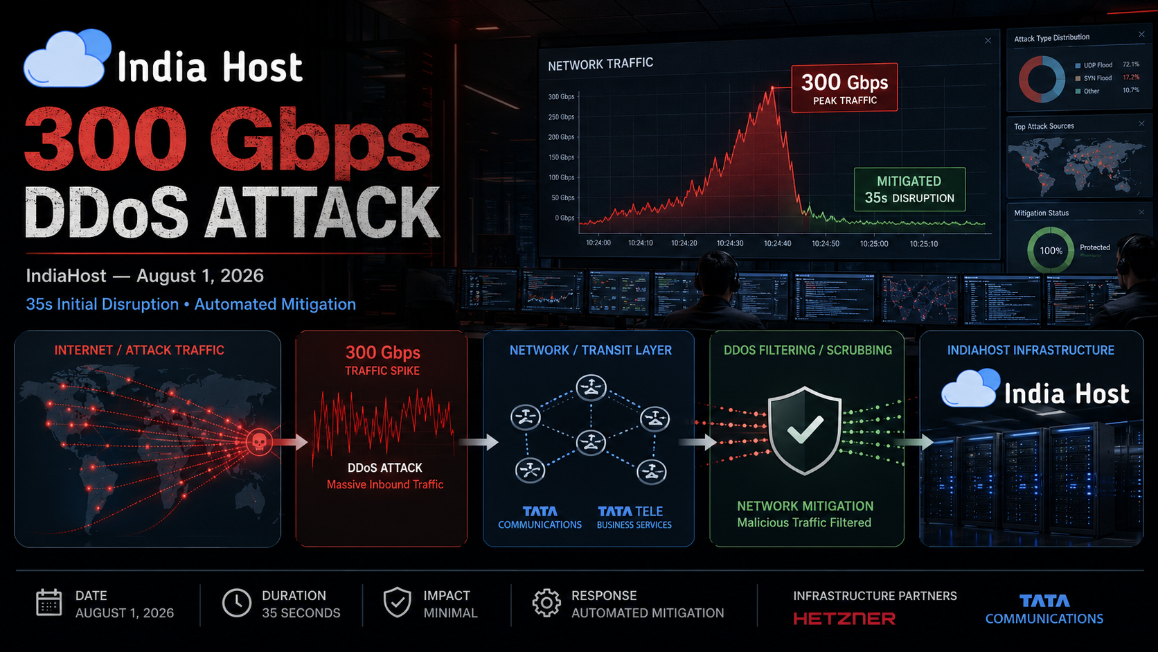 IndiaHost Hit by 300 Gbps DDoS Attack on August 1, Infrastructure Recovers After 35-Second Disruption